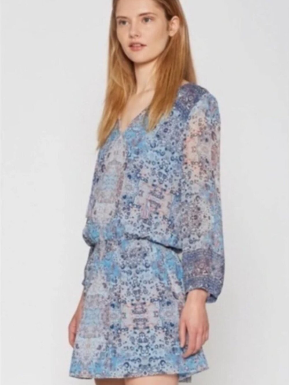 Joie Aidee 100% Silk Paisley Tassel Mini Dress Blue Boho Size S
